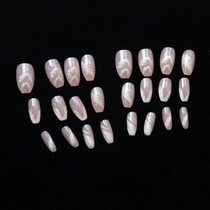 Pink purple marble press-on nails in coffin shape with glossy smoke pattern finish