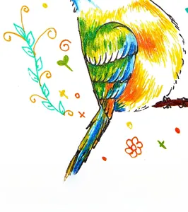 Close-up of vibrant parrot drawing created with colorful glitter gel pens on white paper