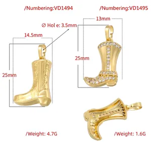 Fashion gold cowboy boot pendant necklace charms with cubic zirconia and etched patterns