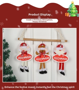 Plush Christmas hanging ornaments featuring Santa, snowman, and reindeer with Feliz Navidad sign