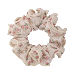Floral lace scrunchie in creamy white with pink small blossoms for women hair styling