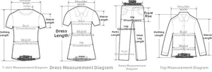 Size chart showing measurement guide for velvet shirts, dresses, pants, and t-shirts
