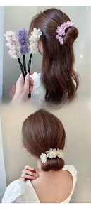 Detail of floral hair bun maker with chiffon petals and pearls for elegant hairstyles