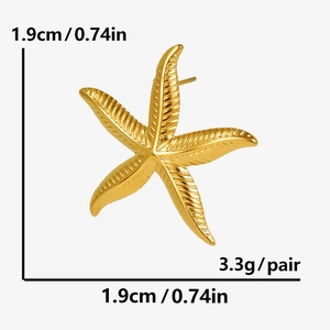 Macro view of starfish earrings showing 1.9cm dimensions and 3.3g weight details
