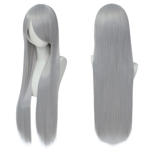 Dual-angle view of long straight silver grey cosplay wig with bangs on a white mannequin
