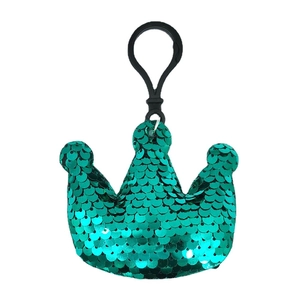 Green sequined crown keychain with black clip hook on a white background for bag charm