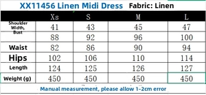 Detailed size chart for linen midi dress showing shoulders, chest, and waist measurements