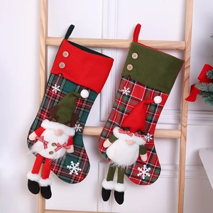 Christmas Stocking Plaid Fabric With 3D Gnome Doll Hanging Gift Bag Festive Holiday Home Decor Snowflake Wooden Button