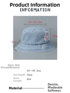 Detailed size specifications for distressed denim bucket hat with pink interior lining