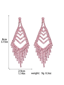 Pink rhinestone tassel earrings detailed dimensions 8cm length and 9g weight view