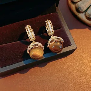 Vintage Tiger Eye Hoop Earrings Zircon Copper Hollow Lace Design Women French Style With 925 Sterling Silver Earring Post