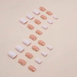 Short white floral press-on nails set with gold glitter marble texture and almond shape