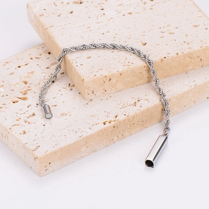 Polished silver stainless steel twist rope chain bracelet with magnetic clasp on stone