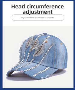 Detail view of denim baseball cap with rhinestone tassels and adjustable strap buckle