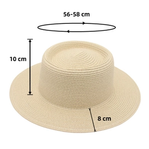 Detail of beige woven straw hat showing 10cm crown height and 8cm sun protection brim
