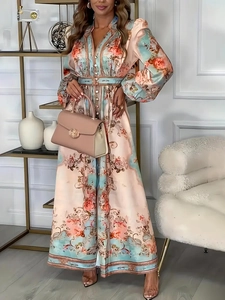 Elegant floral V-neck maxi dress with long sleeves and cinched waist in light blue satin