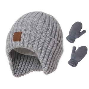 Winter knit hat and mittens set for kids with ear flaps and warm white fleece lining