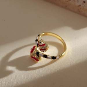 Gold plated double-headed snake open ring with enamel pattern and micro-inlaid stones