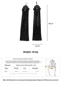 Detailed size chart for long fingerless bridal gloves with length and arm width specs