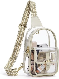 Detail of transparent PVC chest bag with beige woven strap and golden hardware