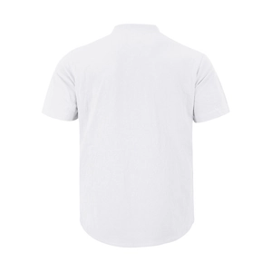 Detailed back view of white linen short sleeve shirt showing stitching and fabric texture