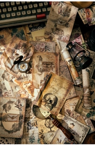 Flat lay of vintage scrapbooking paper with magic notes and retro textures
