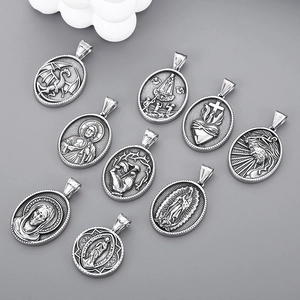 Detailed relief icons of Virgin Mary and Jesus on silver vintage stainless steel pendants