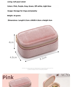 Pink velvet mini jewelry box detail showing compact dimensions of 8.5cm by 4.8cm