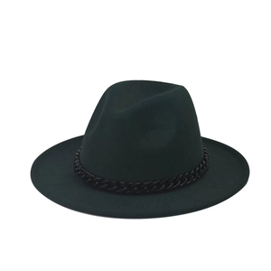 Detail of dark green wool felt fedora featuring a decorative thick black chain band