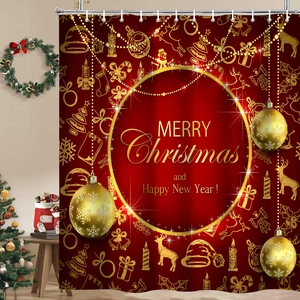 Close-up of red Christmas shower curtain with gold reindeer and festive ornaments