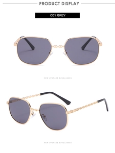Detail view of small square sunglasses with hollow chain temples and grey lenses