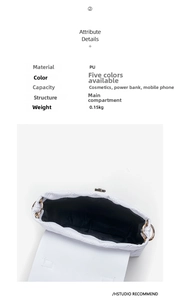 White quilted PU leather clutch bag detail showing spacious interior and dimensions