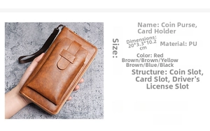 Brown long wallet with wristlet showing 20x3.3x10.2cm dimensions and card slots