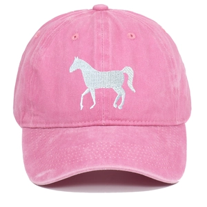 Pink vintage washed cotton baseball cap featuring white horse embroidery and stitching