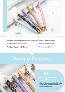 Detail of glitter metal ballpoint pens showing scales texture and dimensions in cm