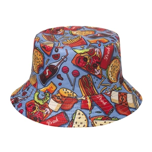 Light blue canvas bucket hat with creative fast food cartoon prints and summer sun protection