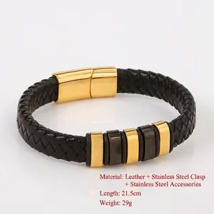 Handmade black woven leather bracelet with magnetic gold stainless steel clasp 21.5cm