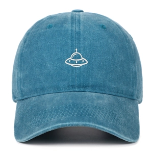Vintage-Baseballkappe in verwaschenem Blau mit weißer UFO-Stickerei und Baumwolltextur