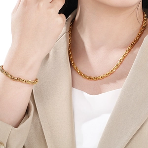 Elegant gold titanium steel braided chain necklace and bracelet set for women