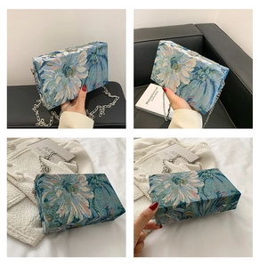Detailed views of floral jacquard box bag featuring silver chain strap and metal lock