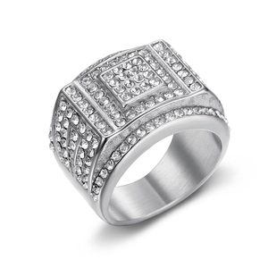 Men's hip hop square ring in silver steel with full pavé set clear cubic zirconia