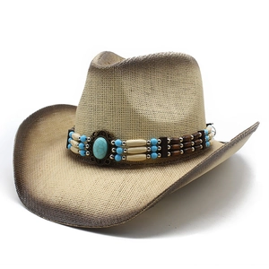 Chapeau de cowboy d'été en paille avec bande de perles turquoise et bord vintage