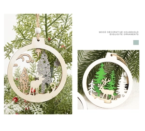 Detail of wooden reindeer and tree ornaments with silver glitter and rustic twine hanger