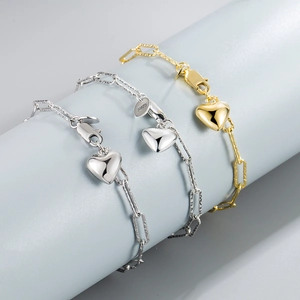 S925 sterling silver heart bracelet set in gold and silver finish with retro chain links