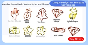 Detailed assortment of creative metal paper clips in cactus, pineapple and heart shapes