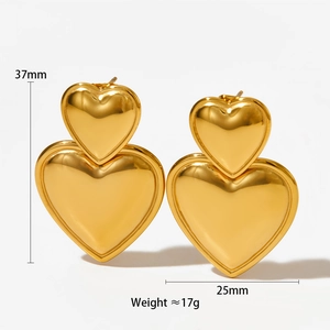 Minimalist double heart earrings in polished gold stainless steel, 37mm drop length
