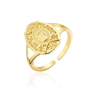 Detailed close-up of religious Virgin Mary relief on gold plated adjustable open ring