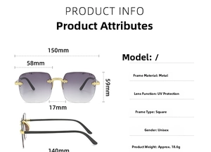 Detailed size chart and specifications for frameless gradient lens square sunglasses