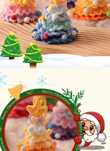 Detailed view of handmade crochet Christmas tree ornaments in vibrant multi-colored yarn