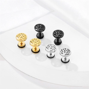 Three pairs of geometric tree of life stud earrings in gold, black, and silver finishes